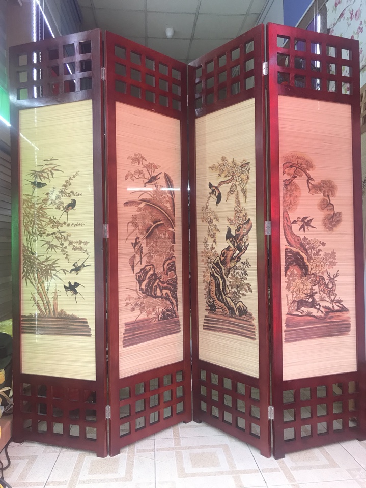Bình Phong Gỗ Nền Mành Tre Tứ Qúy Mã AA-049 Bình Phong Gỗ Nền Mành Tre Tứ Qúy Mã AA-049
