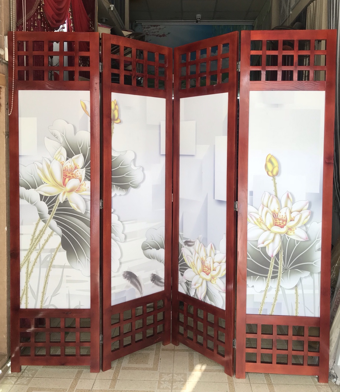Bình phong Gỗ Nền 3D Tranh Hoa Sen Mã HA-6042 Bình phong Gỗ Nền 3D Tranh Hoa Sen Mã HA-6042
